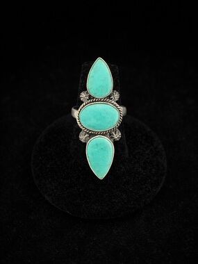 Lone Mountain Turquoise Ring Sterling Silver Adjustable Matte Finish 3 Stone